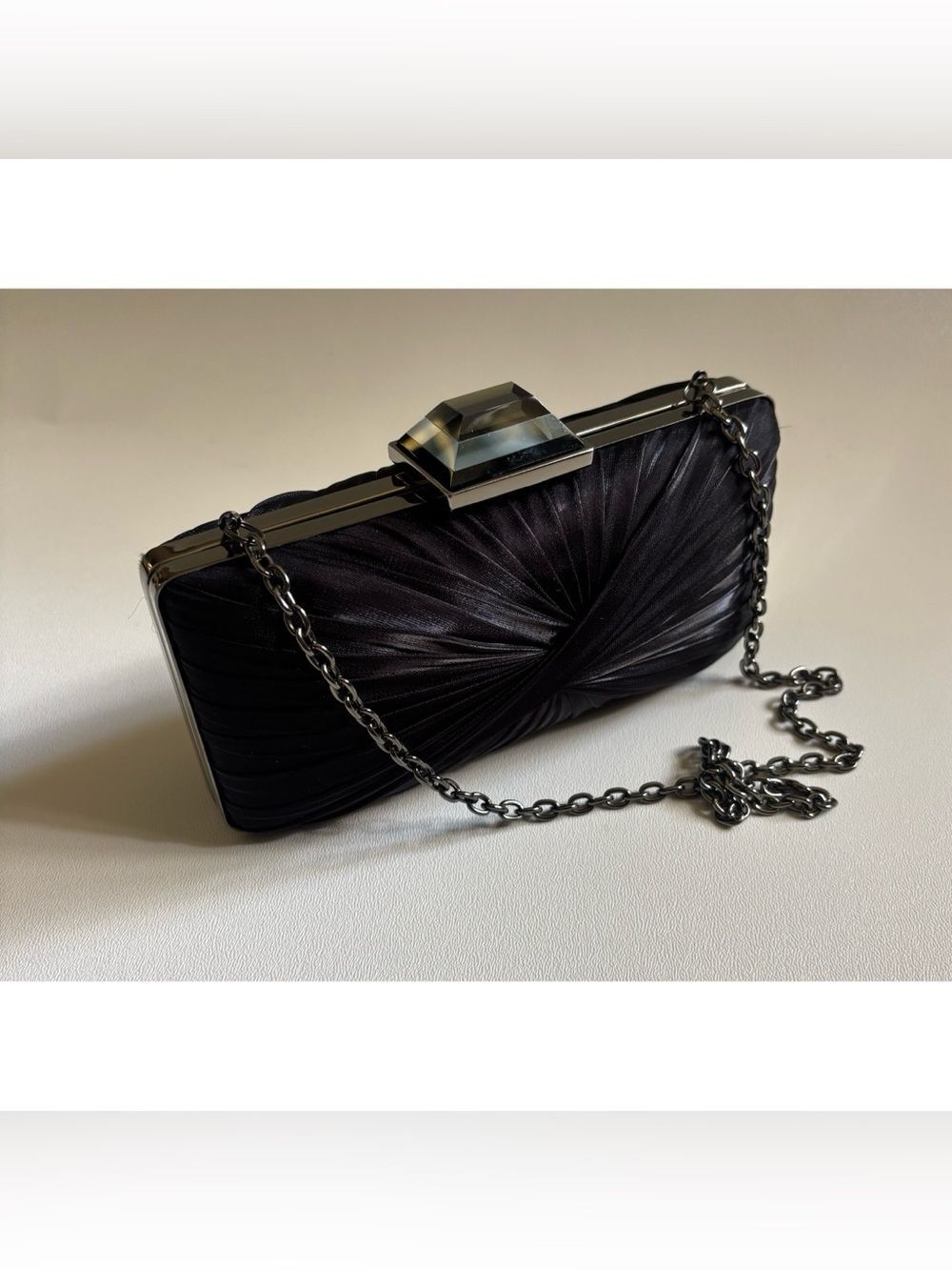 Vintage Sondra Roberts Hollywood Black Satin Pleated Evening Clutch in Black